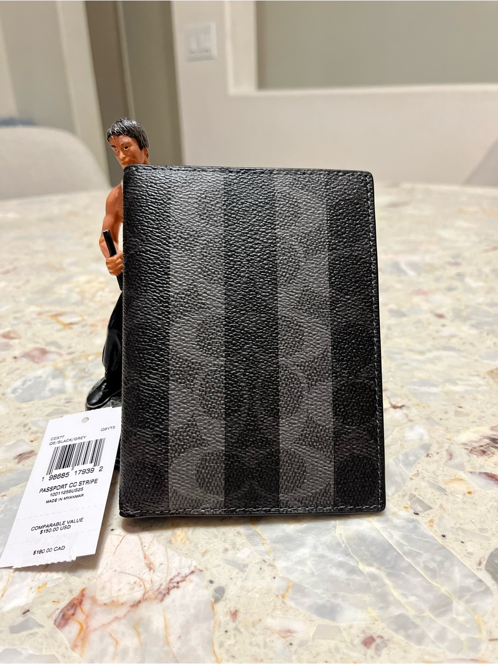 NWT Coach Passport Card Case Signature Canvas Stripes Gunmetal/Black/Grey